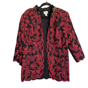 Chico's Jacket Topper Black Allover Red Embroidery Paisley Beaded Neck 2 Large